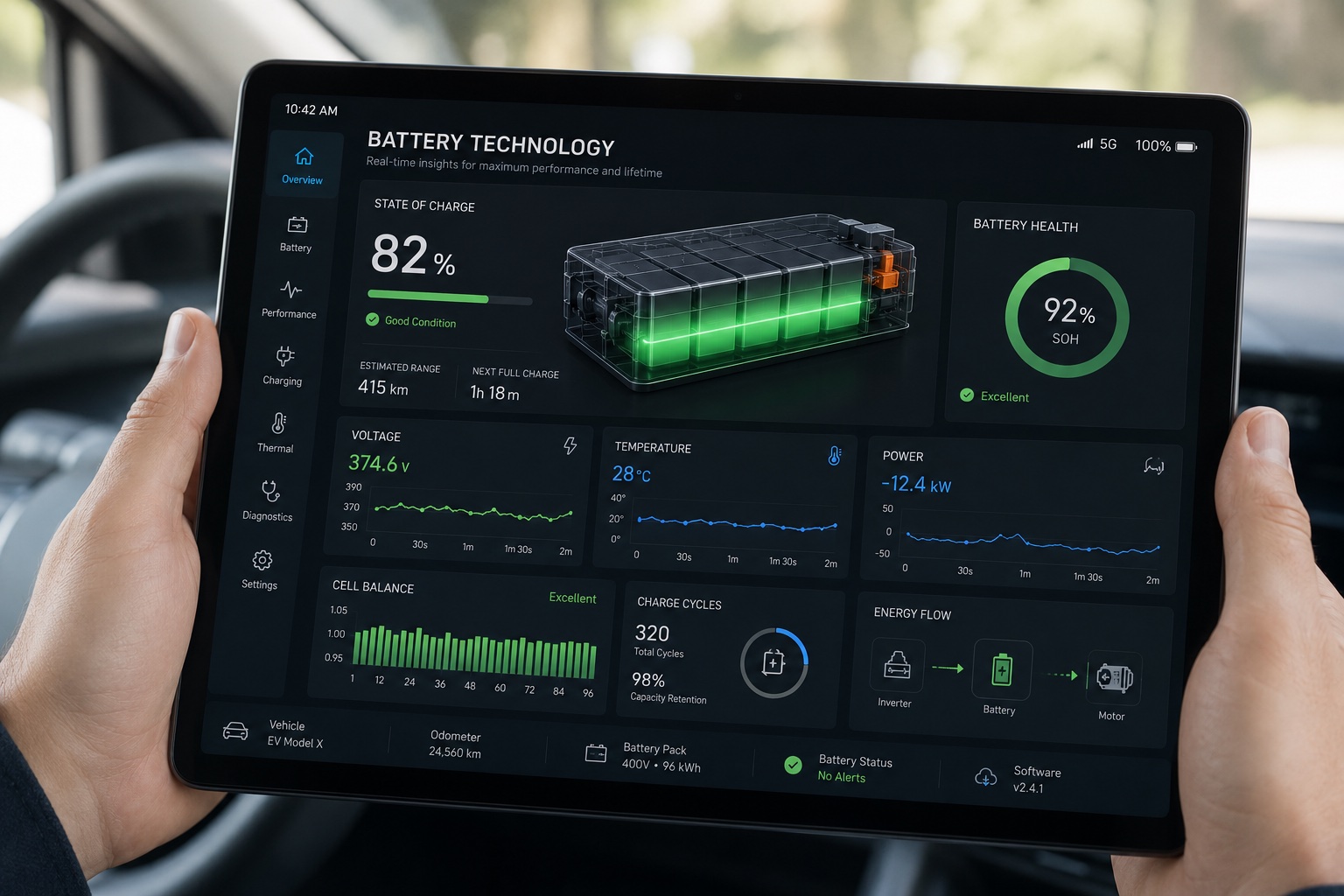 Real-time battery telemetry dashboard held in a vehicle cabin