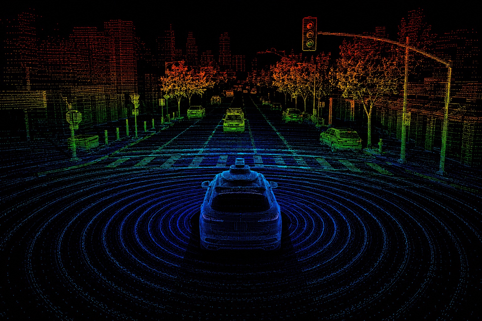 Autonomous vehicle perceiving a city street as a lidar point cloud