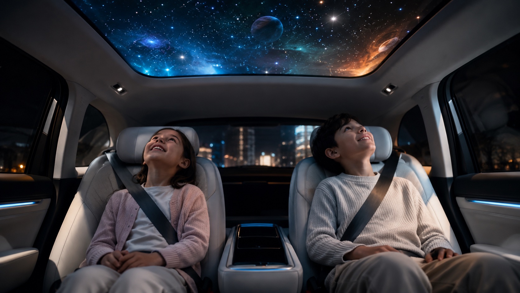 Kids in the back seat gazing at a starfield across the cabin roof