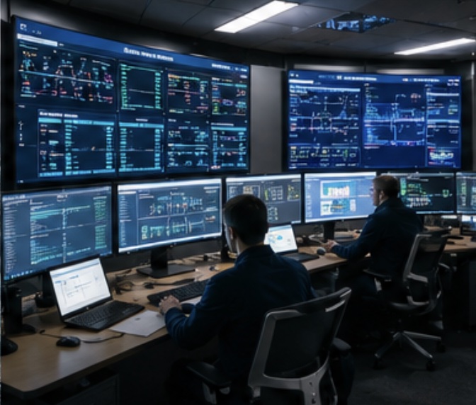 Operations control room with live plant systems on wall displays