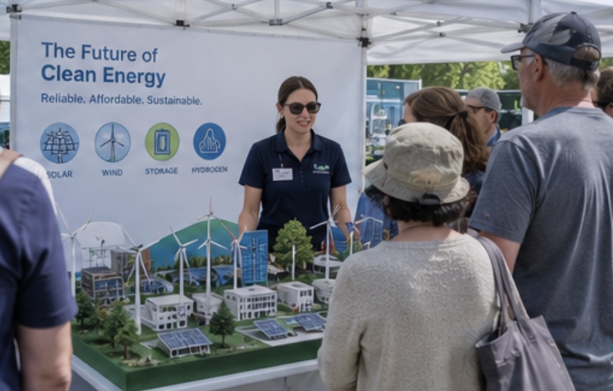 Public audience exploring a clean-energy exhibit with a scale city model