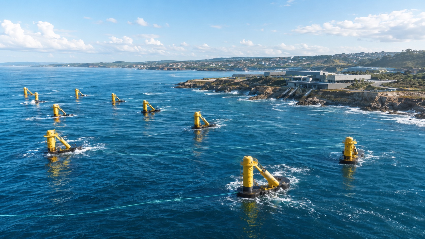 Wave energy converters moored off a coastal facility