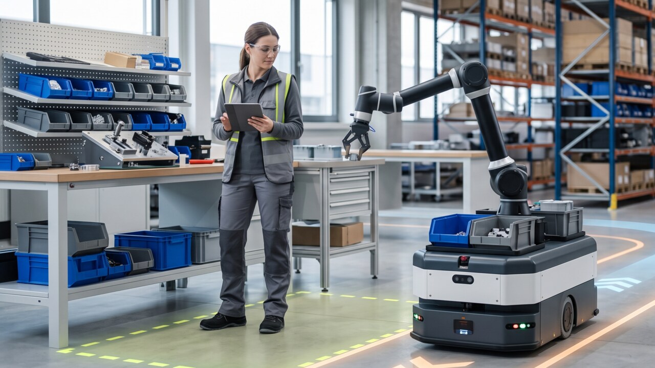 Worker validating a mobile cobot workflow on the facility floor