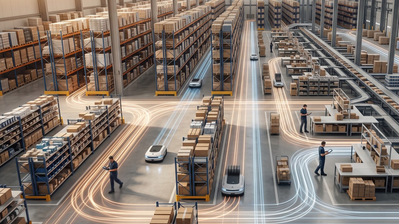 Warehouse flows, robotics, and throughput visualized from above