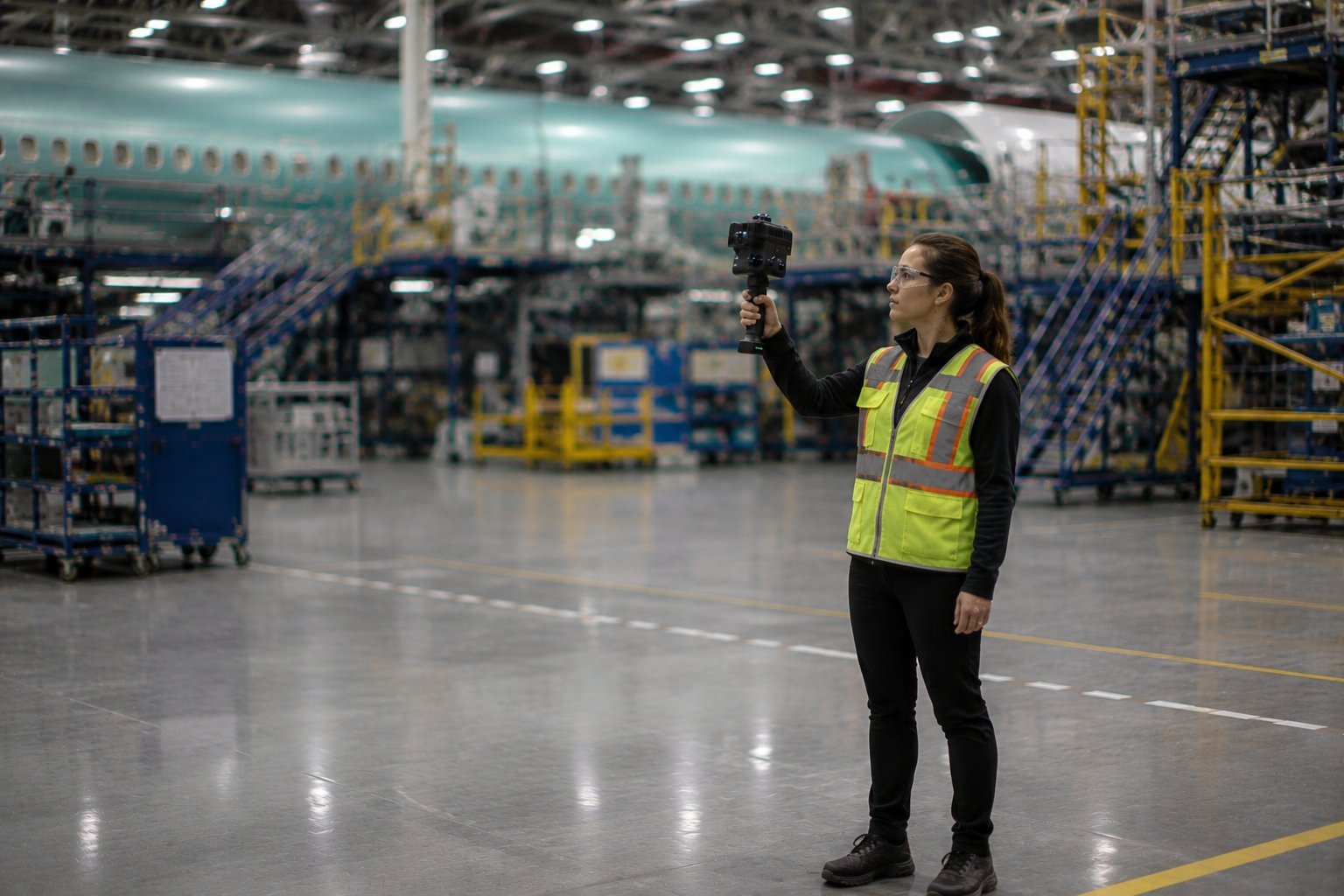 Technician capturing an aircraft factory floor with a handheld scanning rig