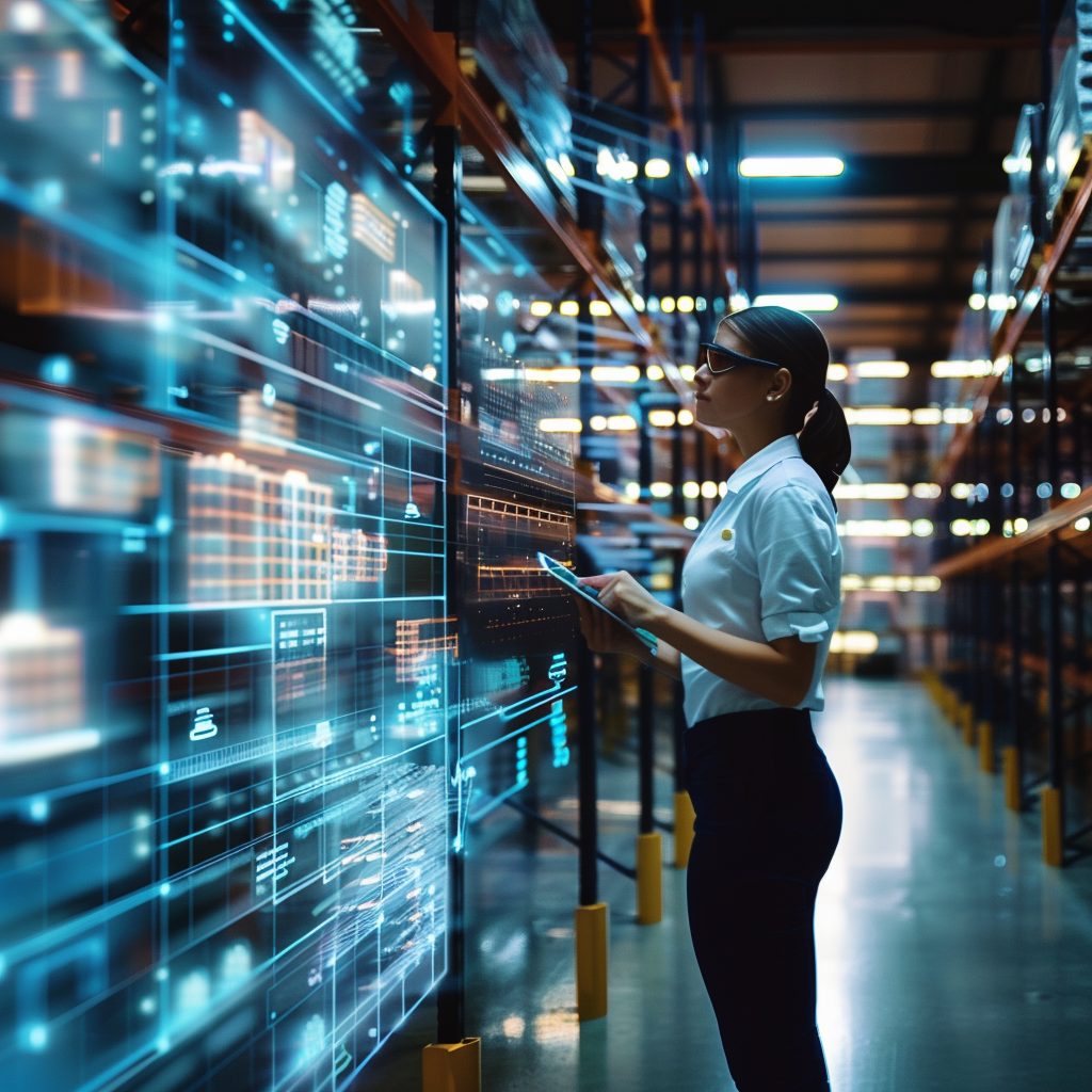 Operations lead reviewing hands-free holographic inventory dashboards in a warehouse
