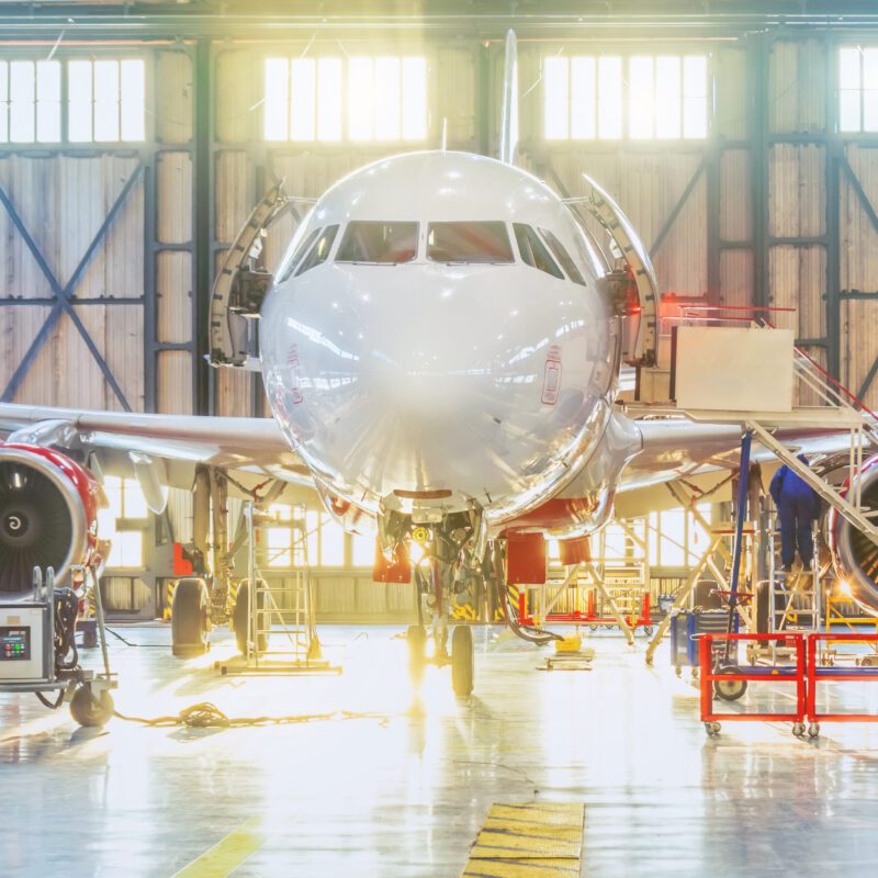Aircraft under maintenance in a hangar