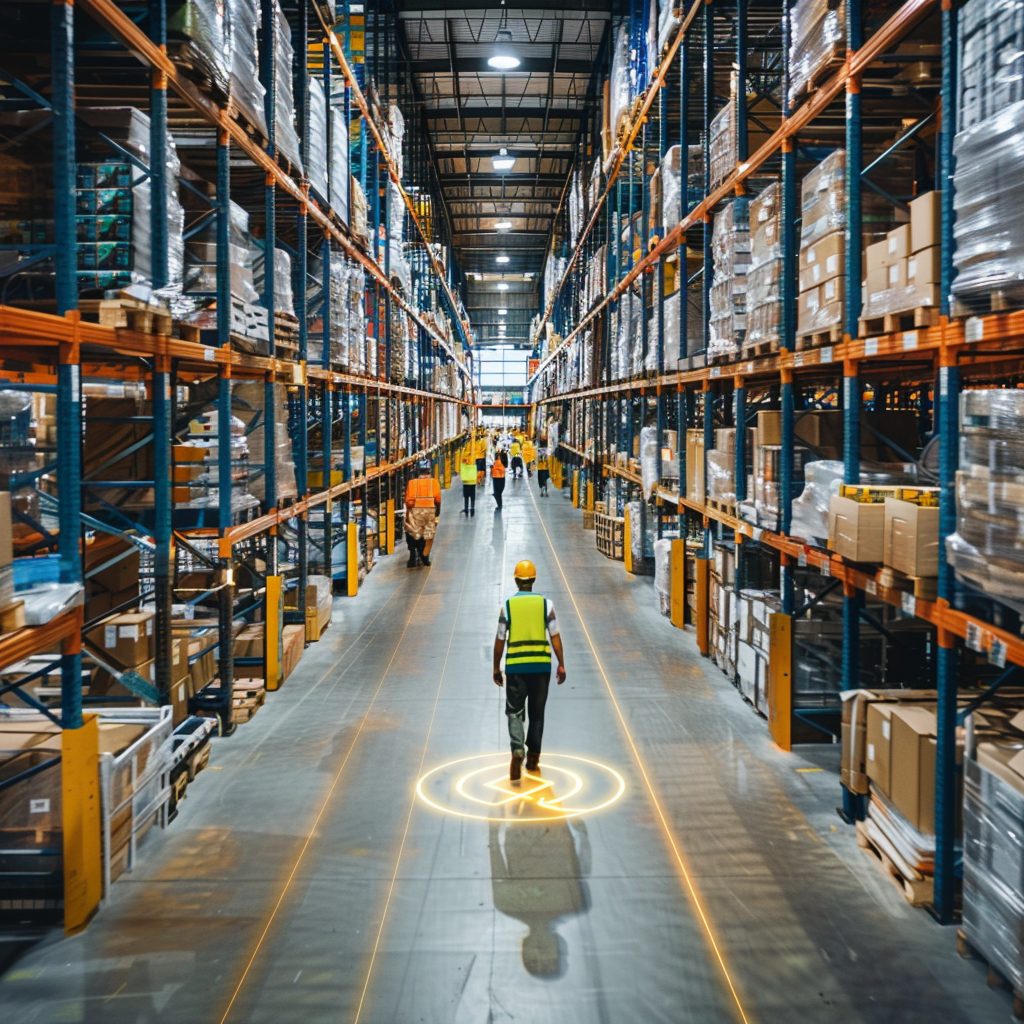 Warehouse aisle with a worker's position highlighted by a projected localization ring