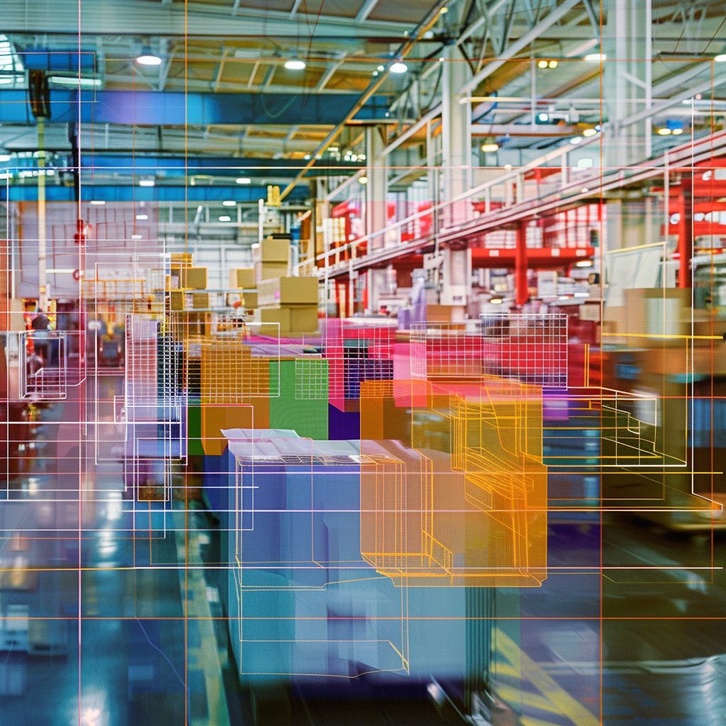 Warehouse scene with AI-recognized objects outlined in wireframe