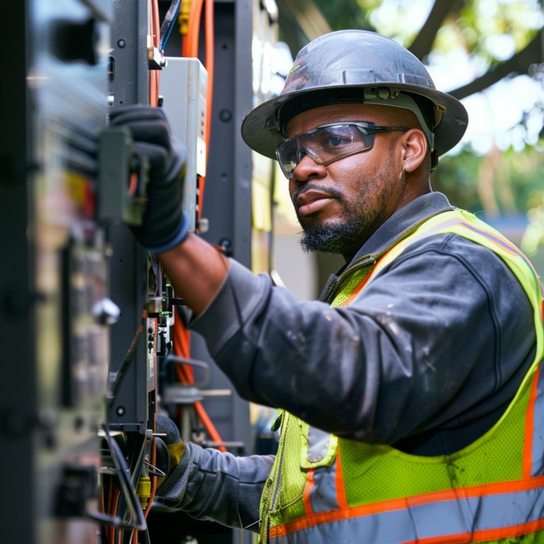 Field technician servicing an equipment panel