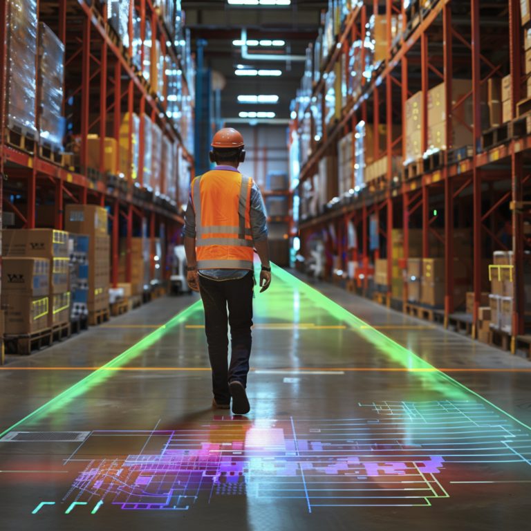 Warehouse worker following a projected navigation path between racks